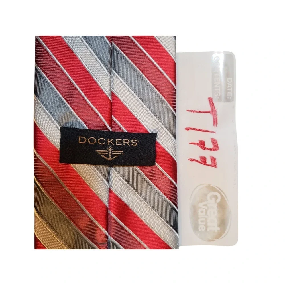 Dockers Mens Tie Necktie Designer Red Gray White Stripes Business Church Classic